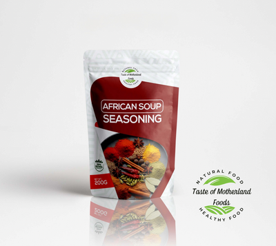 Packaging of African Soup Seasoning with 'Taste of Motherland Foods' branding on a white background.