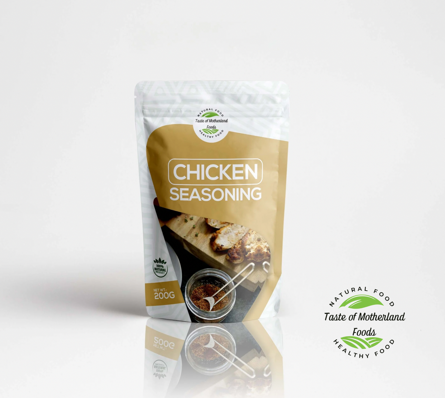 Package of chicken seasoning with branding on a white background