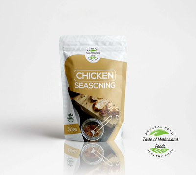 Package of chicken seasoning with branding on a white background