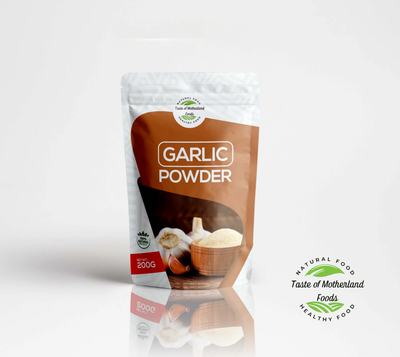 Garlic powder packaging with Taste of Motherland Foods logo on a white background