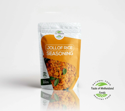 Jollof Rice Seasoning package with 'Taste of Motherland Foods' branding on a white background