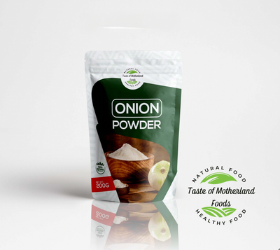Packaging of onion powder with 'Taste of Motherland Foods' branding on a white background