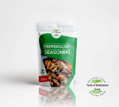 Peppersoup seasoning package with green and white design on a white background