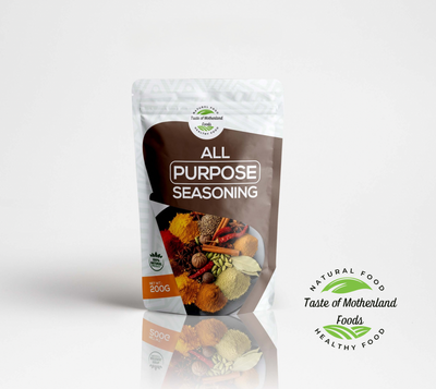 All Purpose Seasoning packet with 'Taste of Motherland Foods' branding on a white background